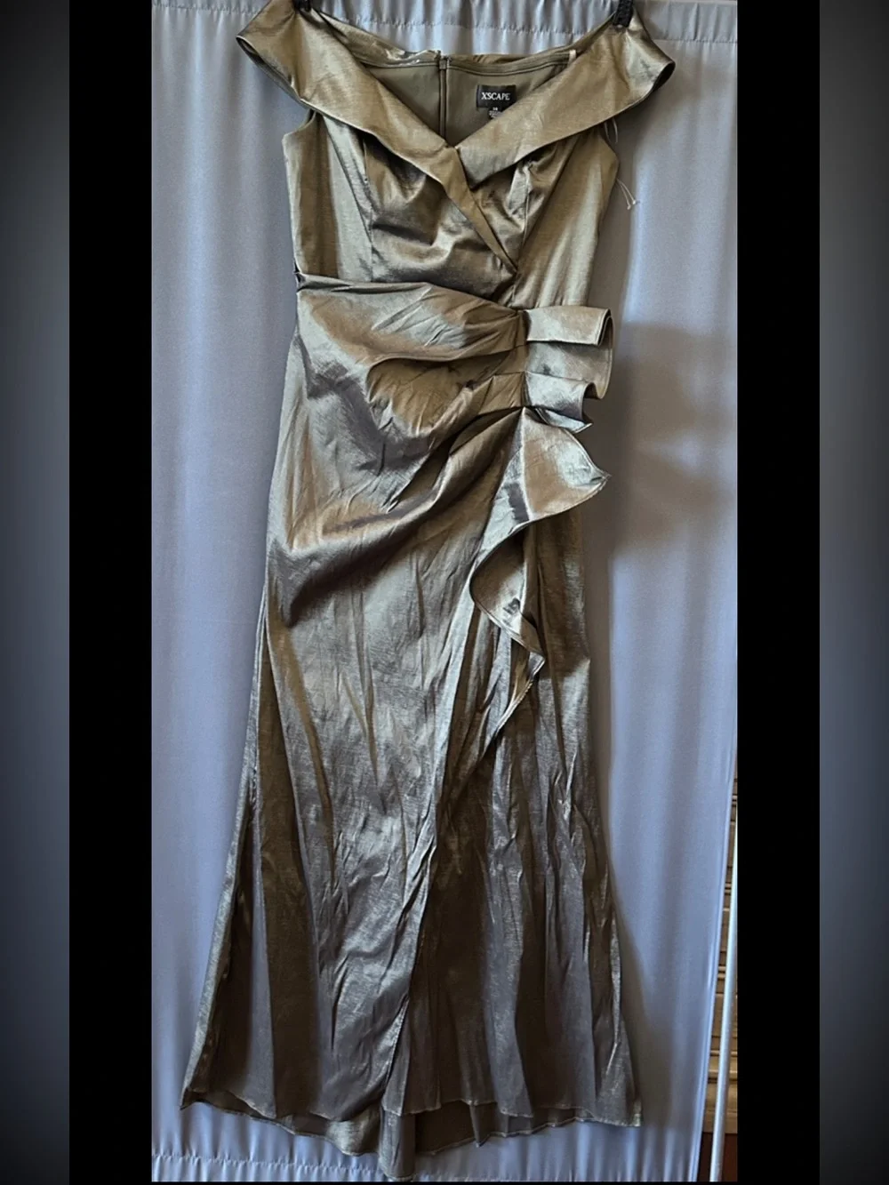 Xscape Metallic Taffeta,off The Shoulder Gown,sz 14, New Without Tag,olive